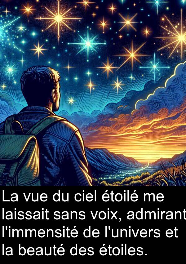beauté: La vue du ciel étoilé me laissait sans voix, admirant l'immensité de l'univers et la beauté des étoiles.
