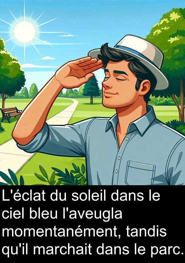 tandis: L'éclat du soleil dans le ciel bleu l'aveugla momentanément, tandis qu'il marchait dans le parc.