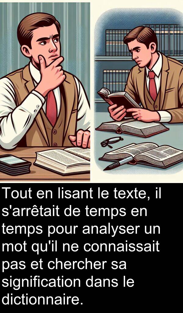 texte: Tout en lisant le texte, il s'arrêtait de temps en temps pour analyser un mot qu'il ne connaissait pas et chercher sa signification dans le dictionnaire.