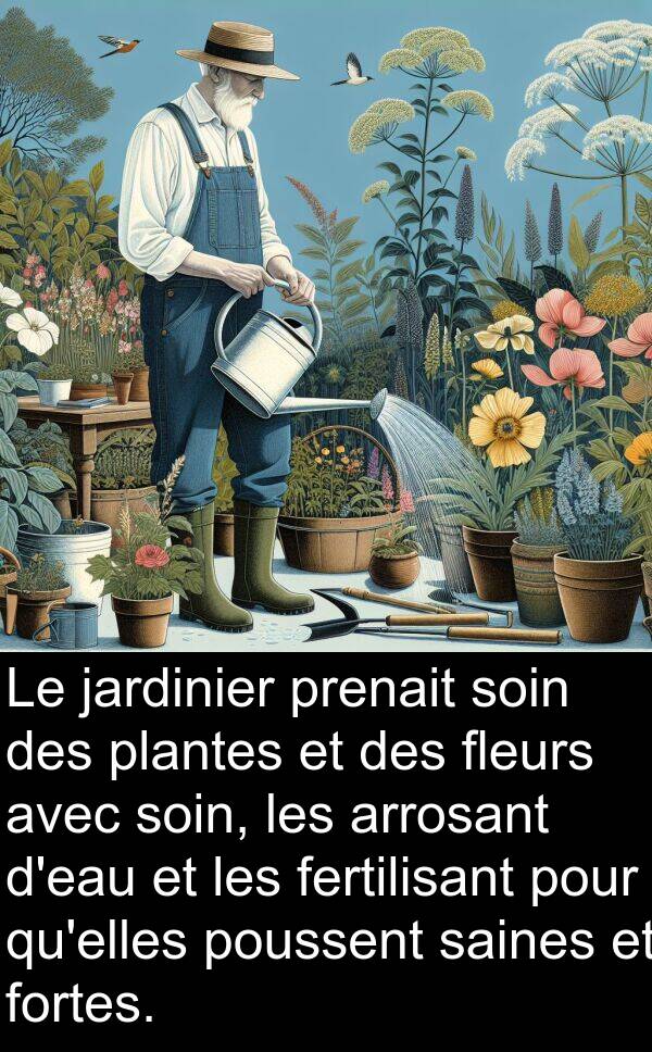jardinier: Le jardinier prenait soin des plantes et des fleurs avec soin, les arrosant d'eau et les fertilisant pour qu'elles poussent saines et fortes.