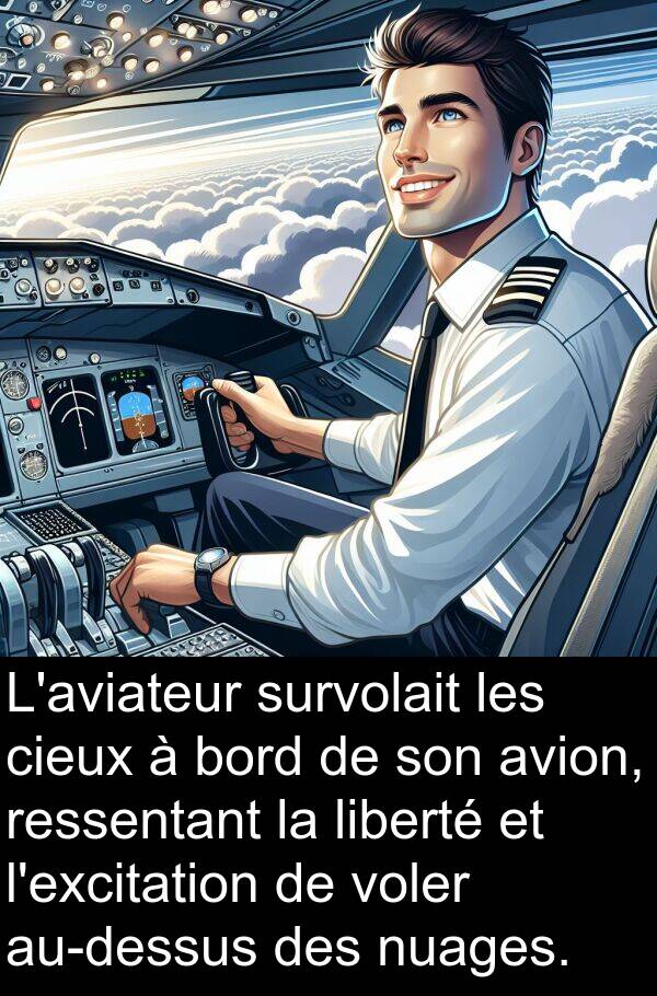 liberté: L'aviateur survolait les cieux à bord de son avion, ressentant la liberté et l'excitation de voler au-dessus des nuages.