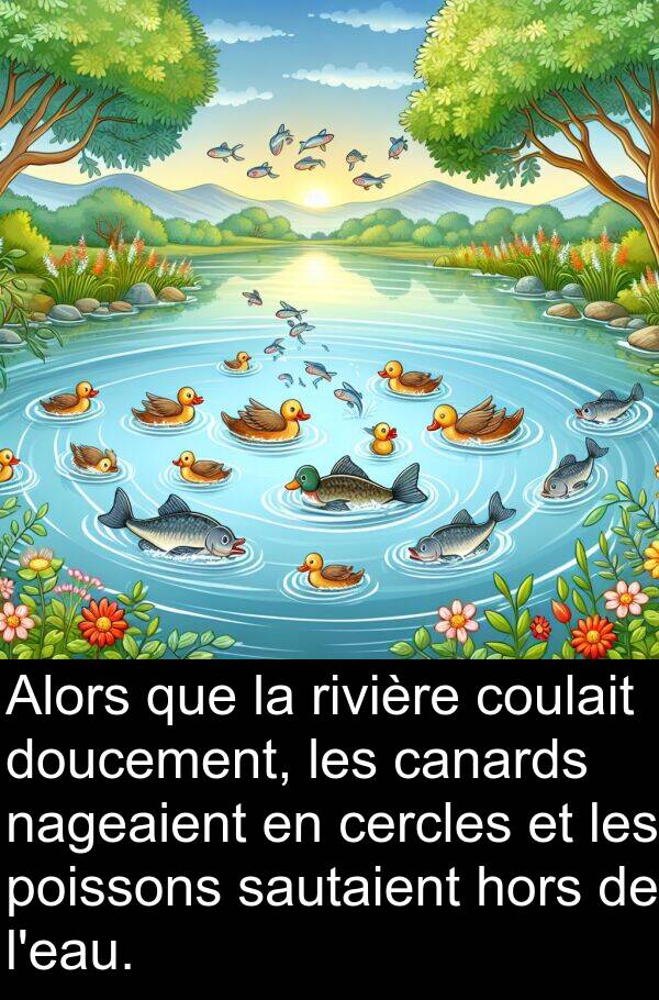 sautaient: Alors que la rivière coulait doucement, les canards nageaient en cercles et les poissons sautaient hors de l'eau.