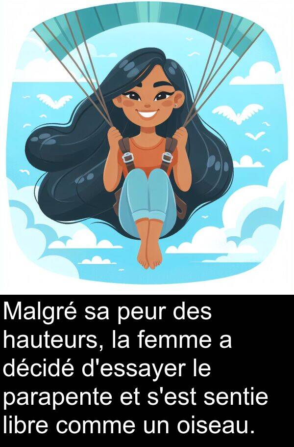 décidé: Malgré sa peur des hauteurs, la femme a décidé d'essayer le parapente et s'est sentie libre comme un oiseau.