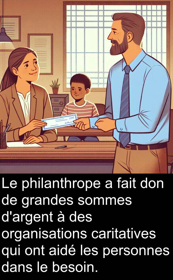 aidé: Le philanthrope a fait don de grandes sommes d'argent à des organisations caritatives qui ont aidé les personnes dans le besoin.