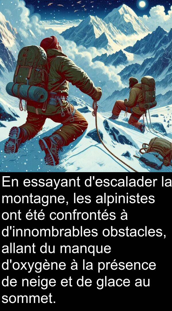 obstacles: En essayant d'escalader la montagne, les alpinistes ont été confrontés à d'innombrables obstacles, allant du manque d'oxygène à la présence de neige et de glace au sommet.
