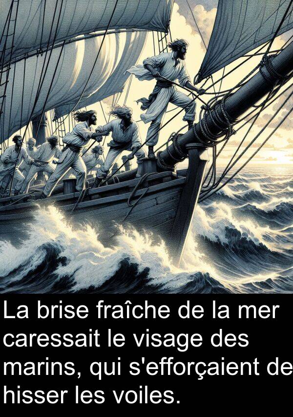 hisser: La brise fraîche de la mer caressait le visage des marins, qui s'efforçaient de hisser les voiles.