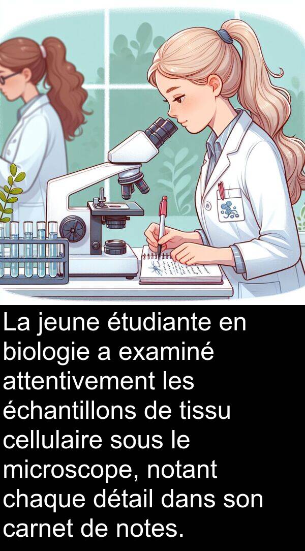 échantillons: La jeune étudiante en biologie a examiné attentivement les échantillons de tissu cellulaire sous le microscope, notant chaque détail dans son carnet de notes.