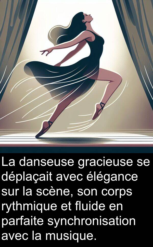 danseuse: La danseuse gracieuse se déplaçait avec élégance sur la scène, son corps rythmique et fluide en parfaite synchronisation avec la musique.