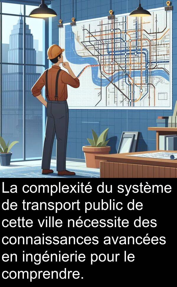 nécessite: La complexité du système de transport public de cette ville nécessite des connaissances avancées en ingénierie pour le comprendre.