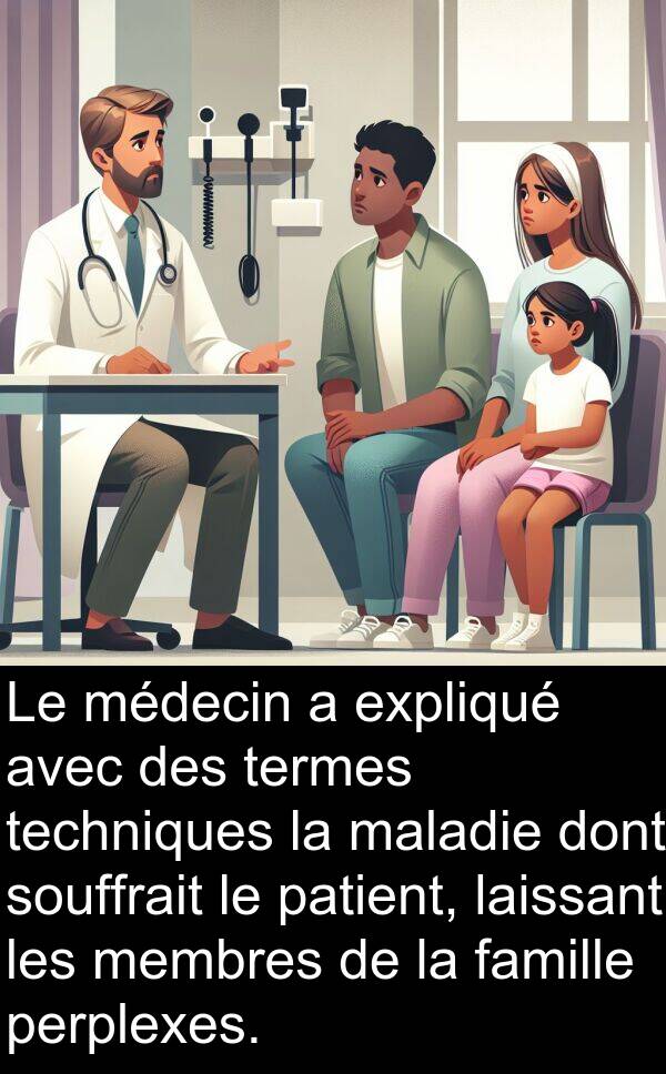 laissant: Le médecin a expliqué avec des termes techniques la maladie dont souffrait le patient, laissant les membres de la famille perplexes.