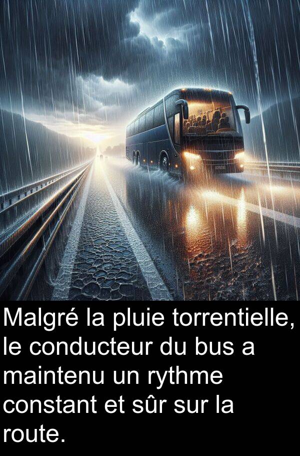 conducteur: Malgré la pluie torrentielle, le conducteur du bus a maintenu un rythme constant et sûr sur la route.