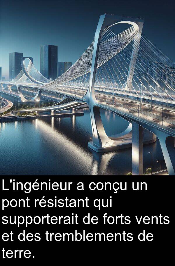 conçu: L'ingénieur a conçu un pont résistant qui supporterait de forts vents et des tremblements de terre.