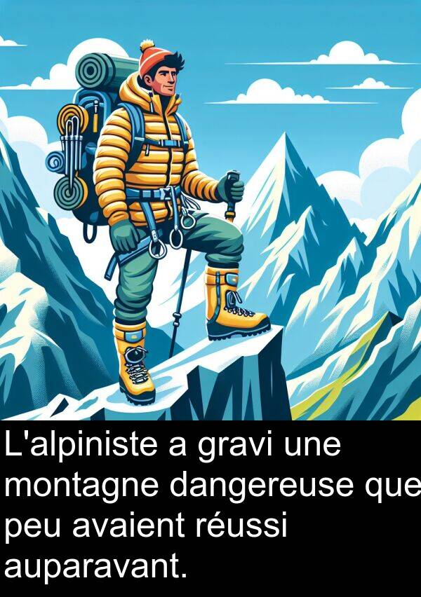 gravi: L'alpiniste a gravi une montagne dangereuse que peu avaient réussi auparavant.