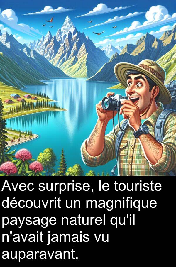 découvrit: Avec surprise, le touriste découvrit un magnifique paysage naturel qu'il n'avait jamais vu auparavant.