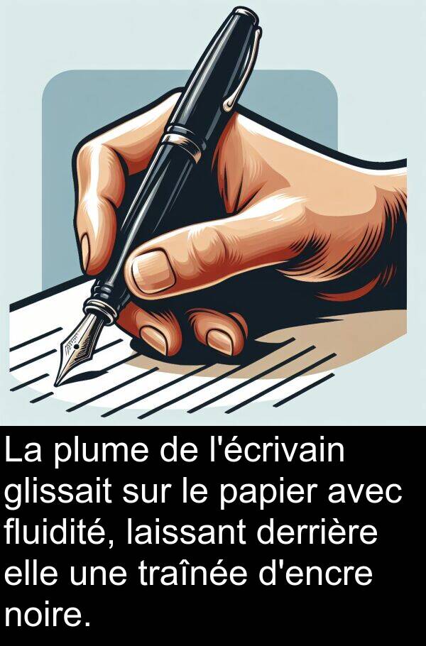 laissant: La plume de l'écrivain glissait sur le papier avec fluidité, laissant derrière elle une traînée d'encre noire.
