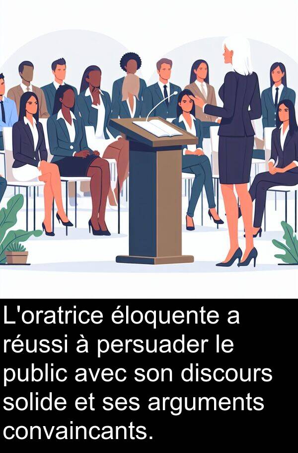 solide: L'oratrice éloquente a réussi à persuader le public avec son discours solide et ses arguments convaincants.