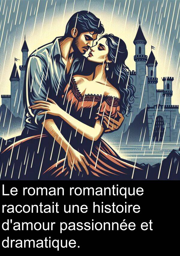 racontait: Le roman romantique racontait une histoire d'amour passionnée et dramatique.