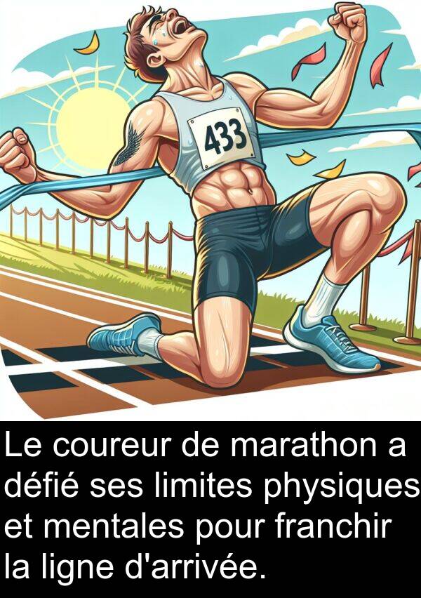 limites: Le coureur de marathon a défié ses limites physiques et mentales pour franchir la ligne d'arrivée.