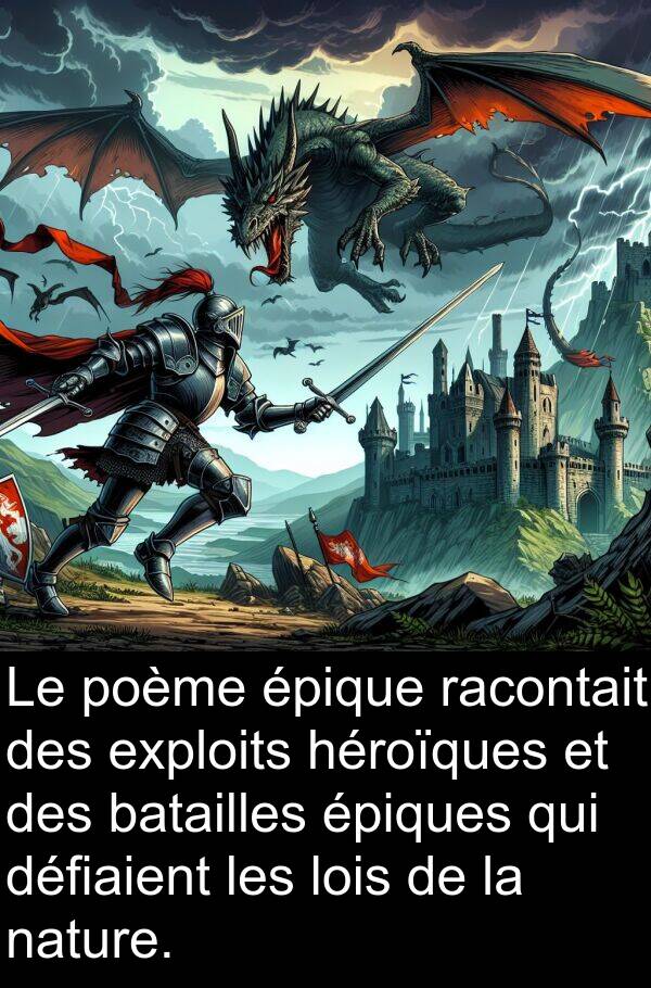 racontait: Le poème épique racontait des exploits héroïques et des batailles épiques qui défiaient les lois de la nature.