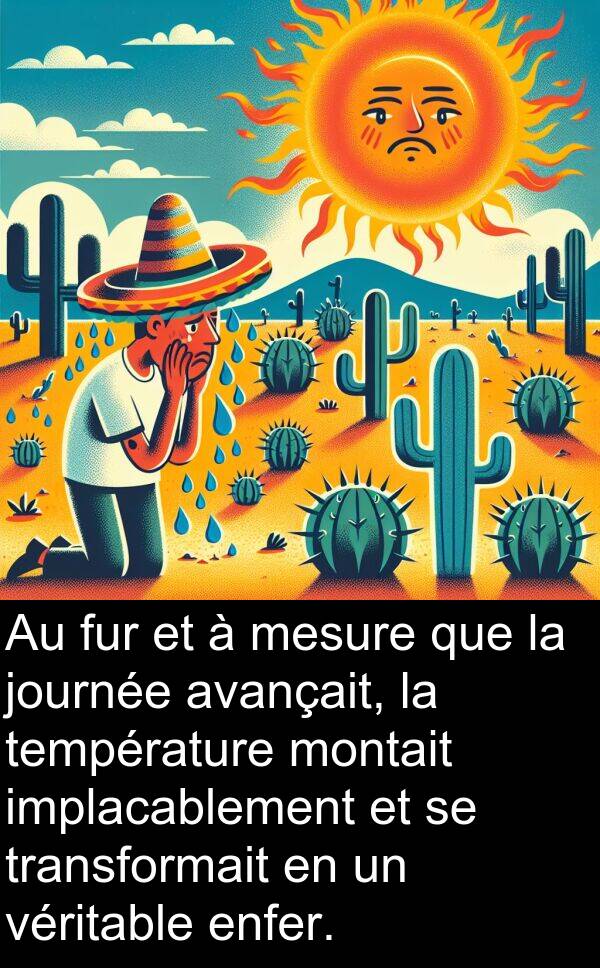implacablement: Au fur et à mesure que la journée avançait, la température montait implacablement et se transformait en un véritable enfer.