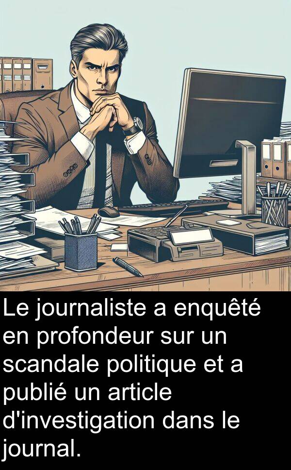 scandale: Le journaliste a enquêté en profondeur sur un scandale politique et a publié un article d'investigation dans le journal.