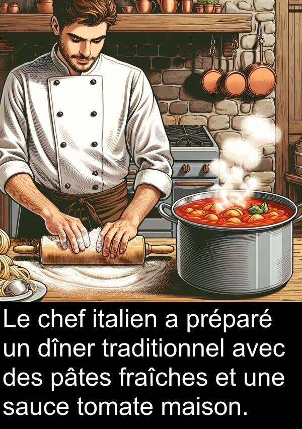 sauce: Le chef italien a préparé un dîner traditionnel avec des pâtes fraîches et une sauce tomate maison.