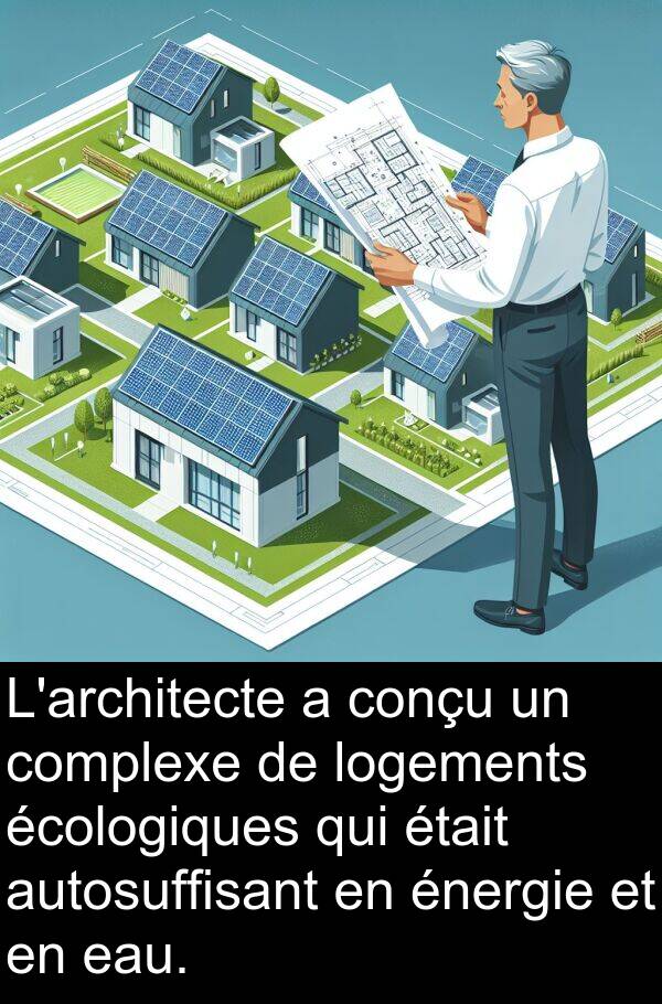 écologiques: L'architecte a conçu un complexe de logements écologiques qui était autosuffisant en énergie et en eau.