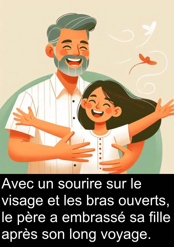 fille: Avec un sourire sur le visage et les bras ouverts, le père a embrassé sa fille après son long voyage.
