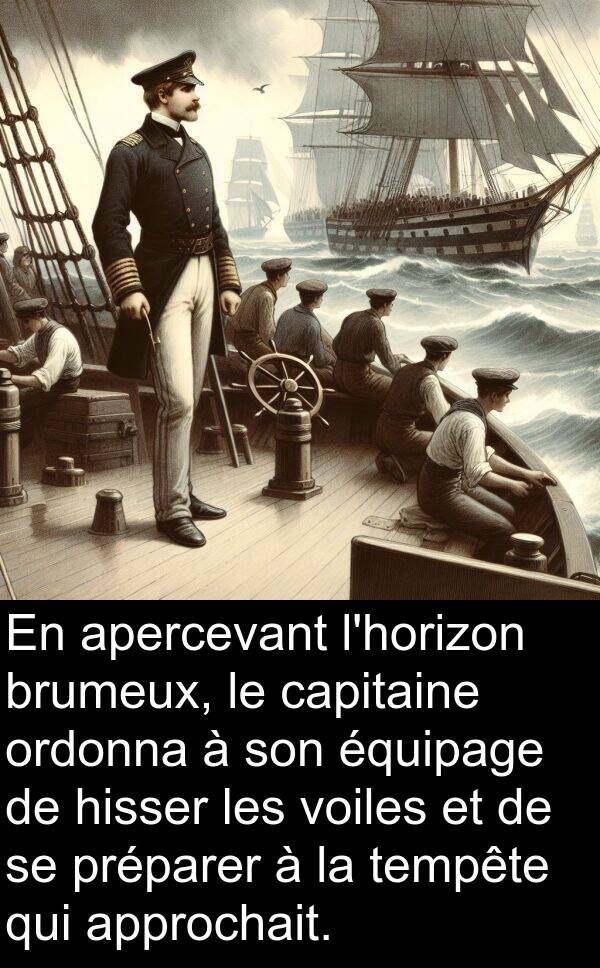 hisser: En apercevant l'horizon brumeux, le capitaine ordonna à son équipage de hisser les voiles et de se préparer à la tempête qui approchait.