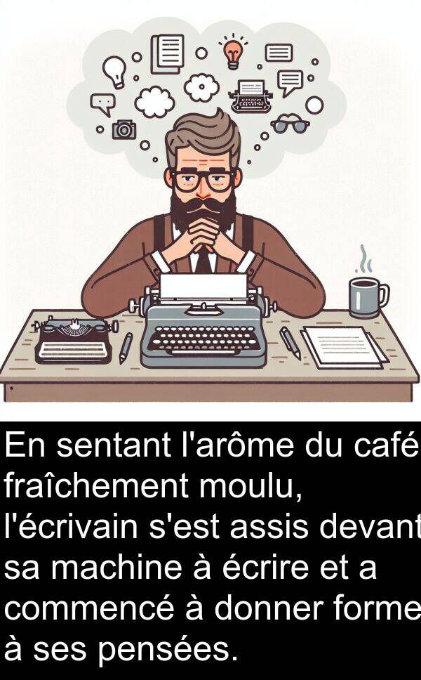écrire: En sentant l'arôme du café fraîchement moulu, l'écrivain s'est assis devant sa machine à écrire et a commencé à donner forme à ses pensées.