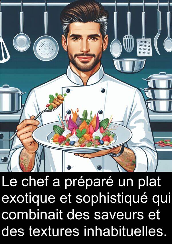 saveurs: Le chef a préparé un plat exotique et sophistiqué qui combinait des saveurs et des textures inhabituelles.