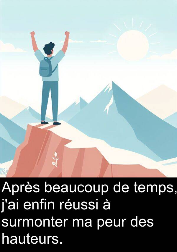 temps: Après beaucoup de temps, j'ai enfin réussi à surmonter ma peur des hauteurs.
