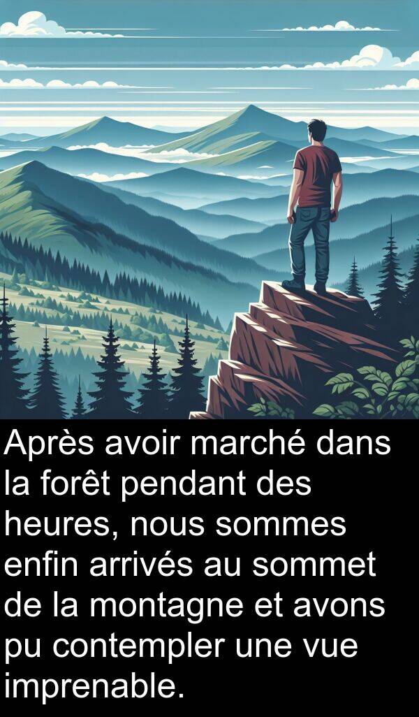 imprenable: Après avoir marché dans la forêt pendant des heures, nous sommes enfin arrivés au sommet de la montagne et avons pu contempler une vue imprenable.