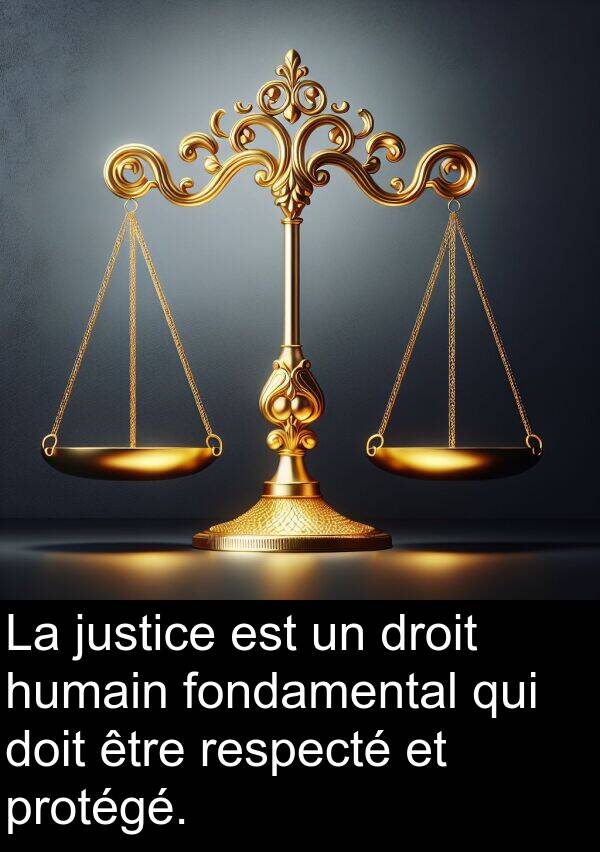 justice: La justice est un droit humain fondamental qui doit être respecté et protégé.