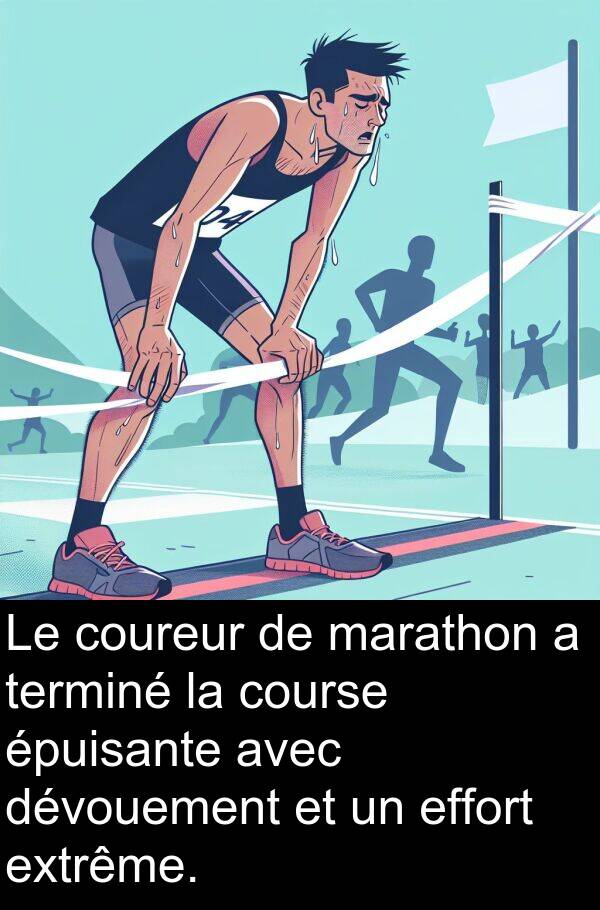 effort: Le coureur de marathon a terminé la course épuisante avec dévouement et un effort extrême.
