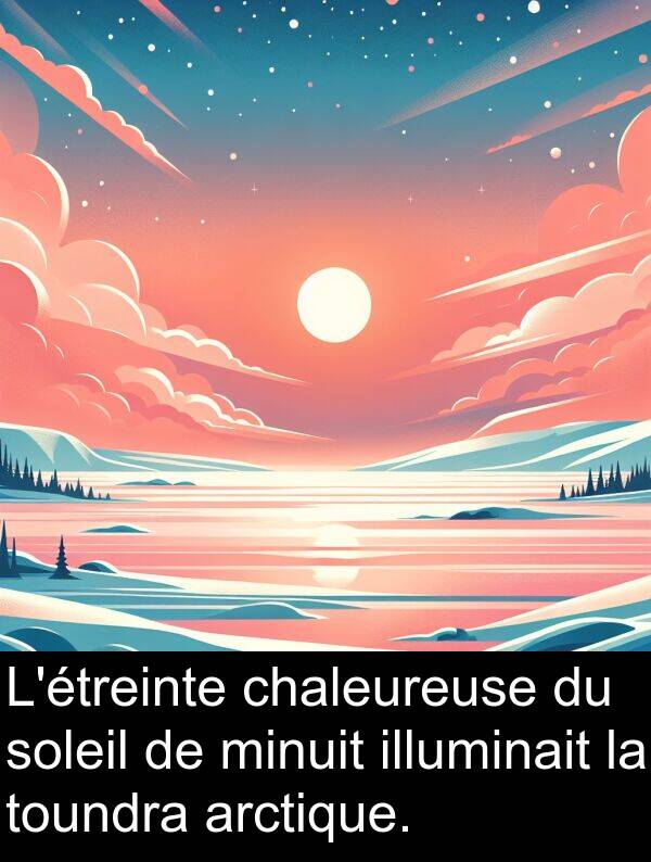 illuminait: L'étreinte chaleureuse du soleil de minuit illuminait la toundra arctique.
