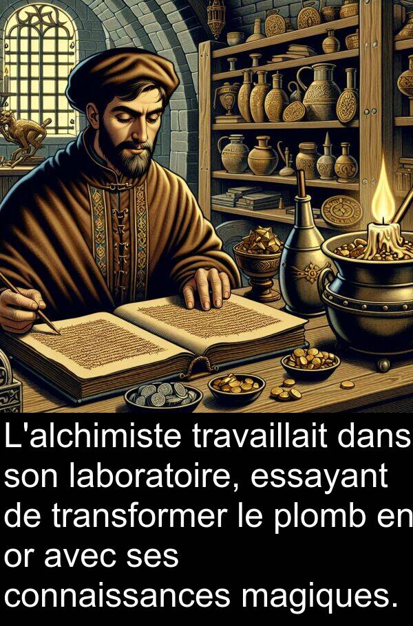connaissances: L'alchimiste travaillait dans son laboratoire, essayant de transformer le plomb en or avec ses connaissances magiques.