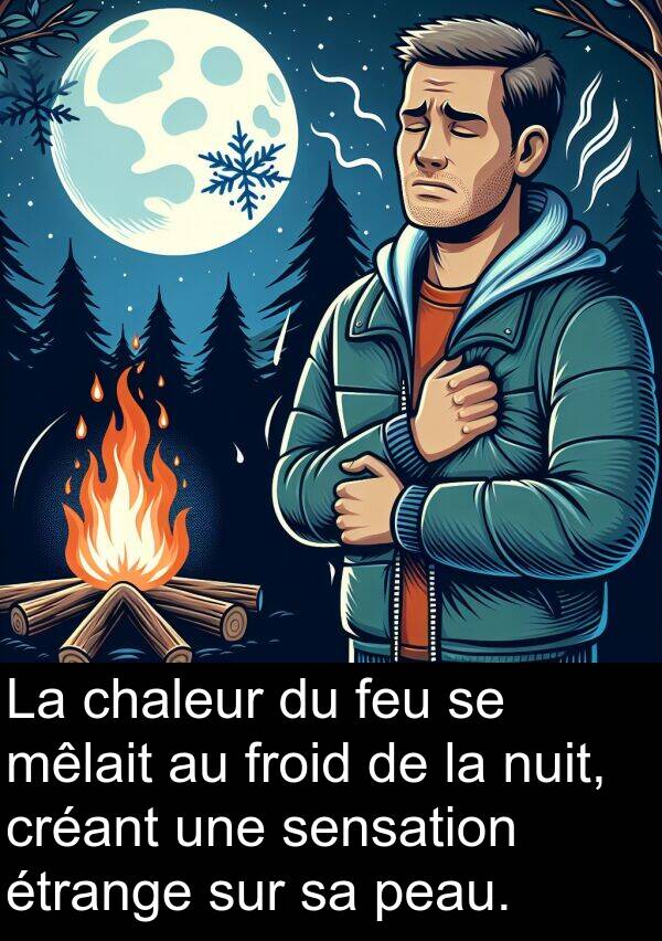 créant: La chaleur du feu se mêlait au froid de la nuit, créant une sensation étrange sur sa peau.