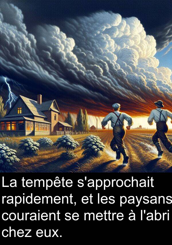 rapidement: La tempête s'approchait rapidement, et les paysans couraient se mettre à l'abri chez eux.