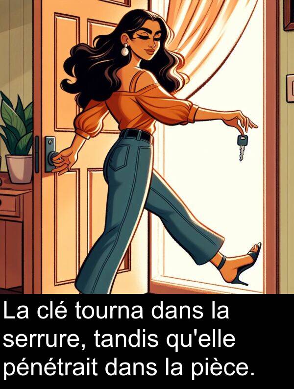 tandis: La clé tourna dans la serrure, tandis qu'elle pénétrait dans la pièce.