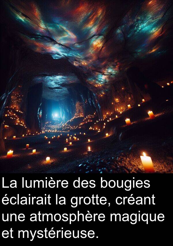 éclairait: La lumière des bougies éclairait la grotte, créant une atmosphère magique et mystérieuse.