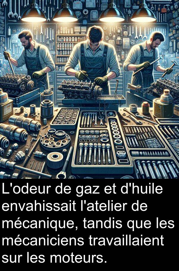 tandis: L'odeur de gaz et d'huile envahissait l'atelier de mécanique, tandis que les mécaniciens travaillaient sur les moteurs.