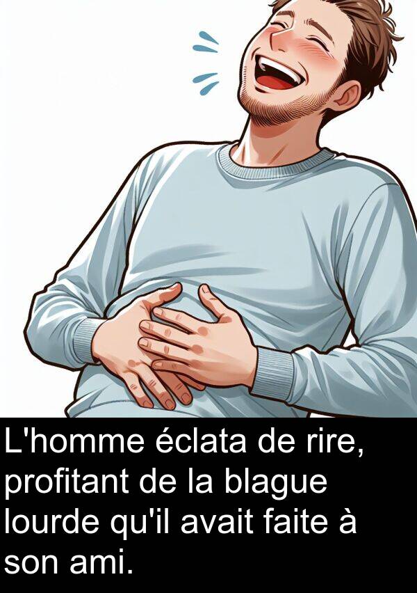éclata: L'homme éclata de rire, profitant de la blague lourde qu'il avait faite à son ami.