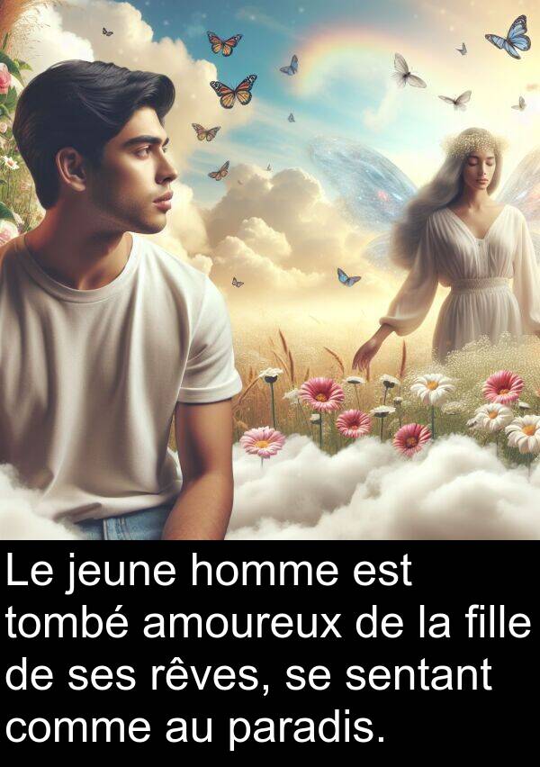 jeune: Le jeune homme est tombé amoureux de la fille de ses rêves, se sentant comme au paradis.