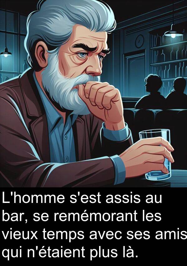 là: L'homme s'est assis au bar, se remémorant les vieux temps avec ses amis qui n'étaient plus là.
