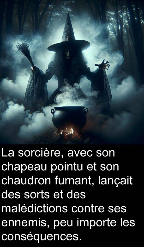 malédictions: La sorcière, avec son chapeau pointu et son chaudron fumant, lançait des sorts et des malédictions contre ses ennemis, peu importe les conséquences.