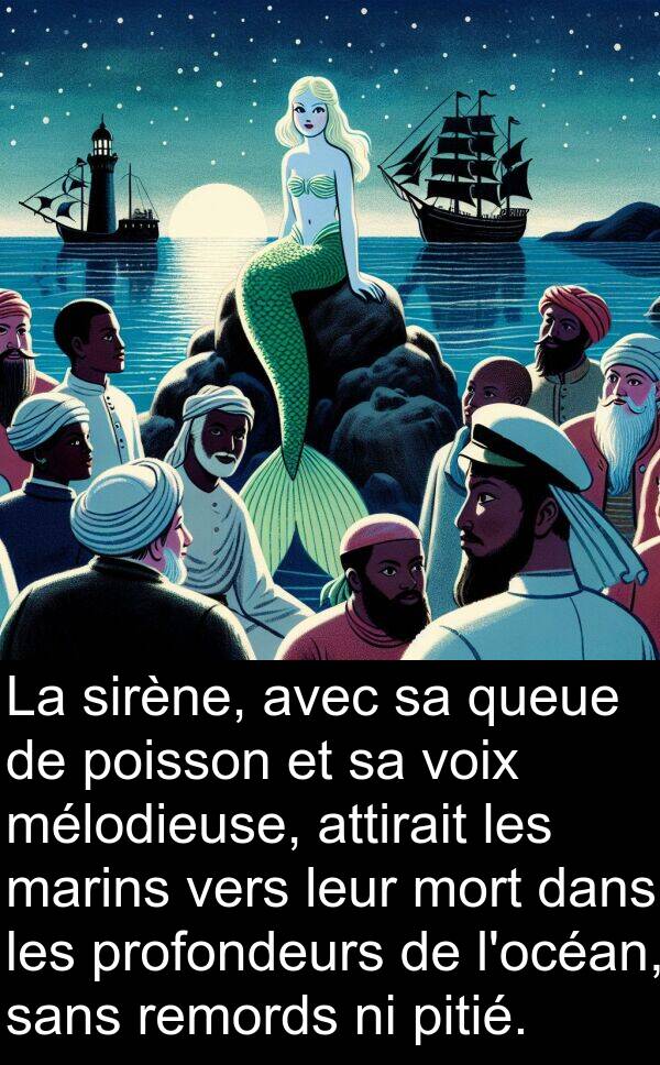 marins: La sirène, avec sa queue de poisson et sa voix mélodieuse, attirait les marins vers leur mort dans les profondeurs de l'océan, sans remords ni pitié.