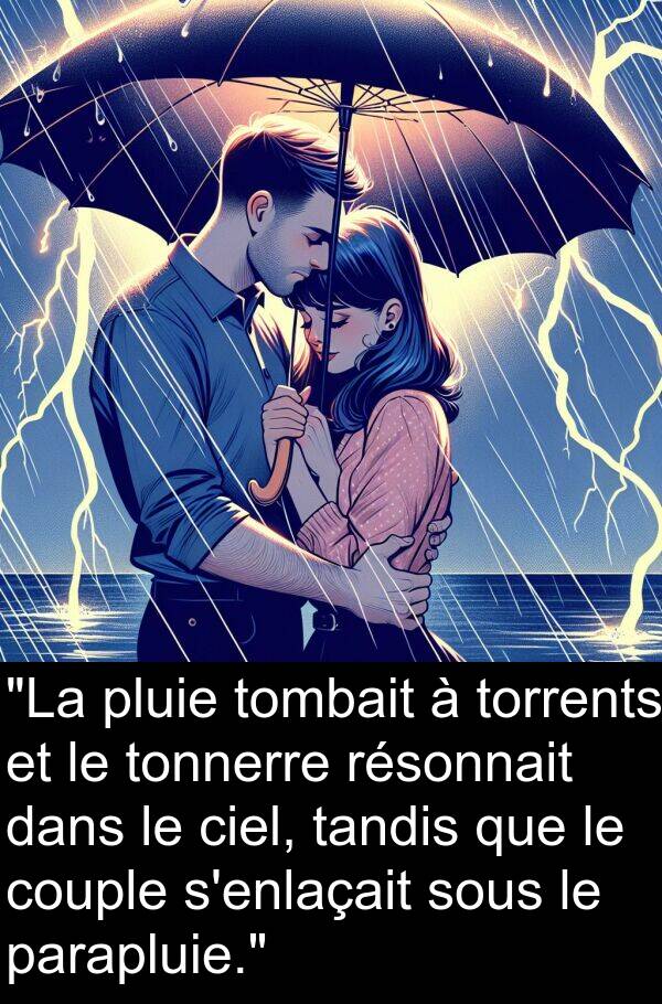 tandis: "La pluie tombait à torrents et le tonnerre résonnait dans le ciel, tandis que le couple s'enlaçait sous le parapluie."