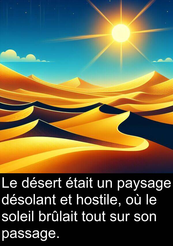 brûlait: Le désert était un paysage désolant et hostile, où le soleil brûlait tout sur son passage.