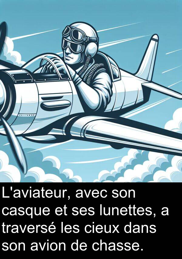 lunettes: L'aviateur, avec son casque et ses lunettes, a traversé les cieux dans son avion de chasse.